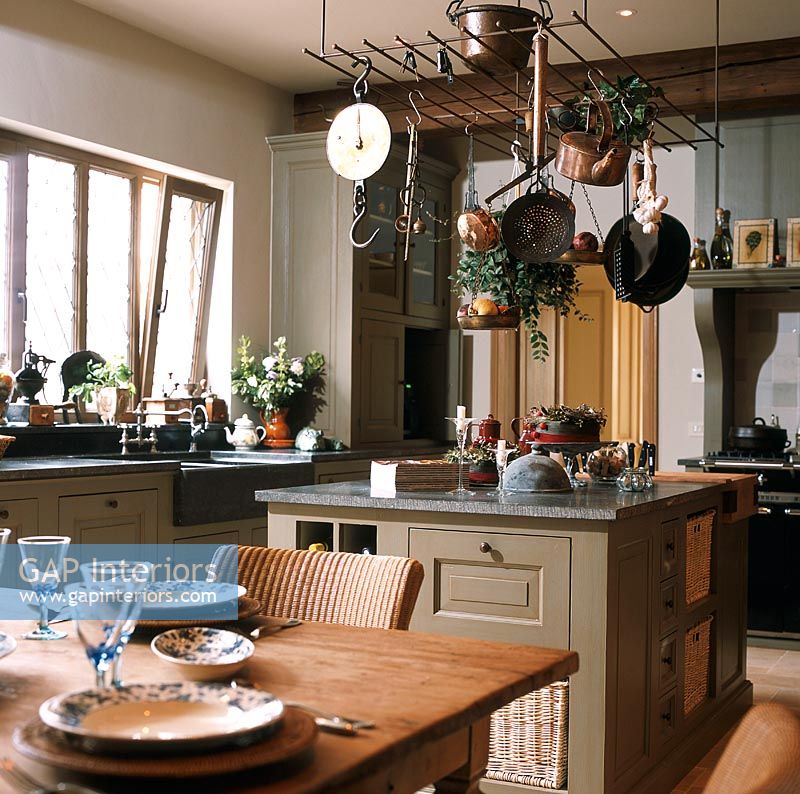 Interior of kitchen with worktop and utensils 