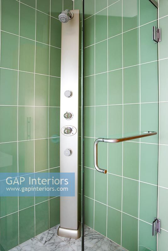 Modern Shower with Green Tiles