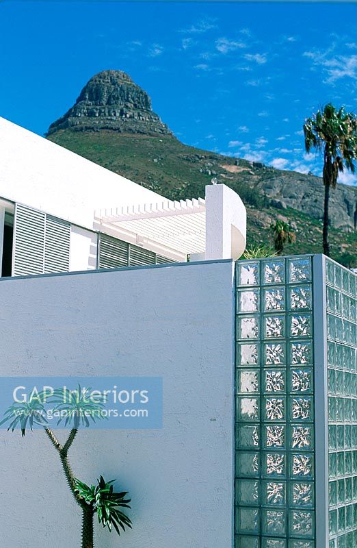Modern home facade with moutain background