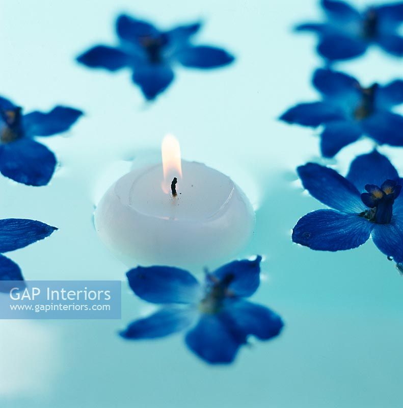 Illuminated candle floating on water with blue flowers