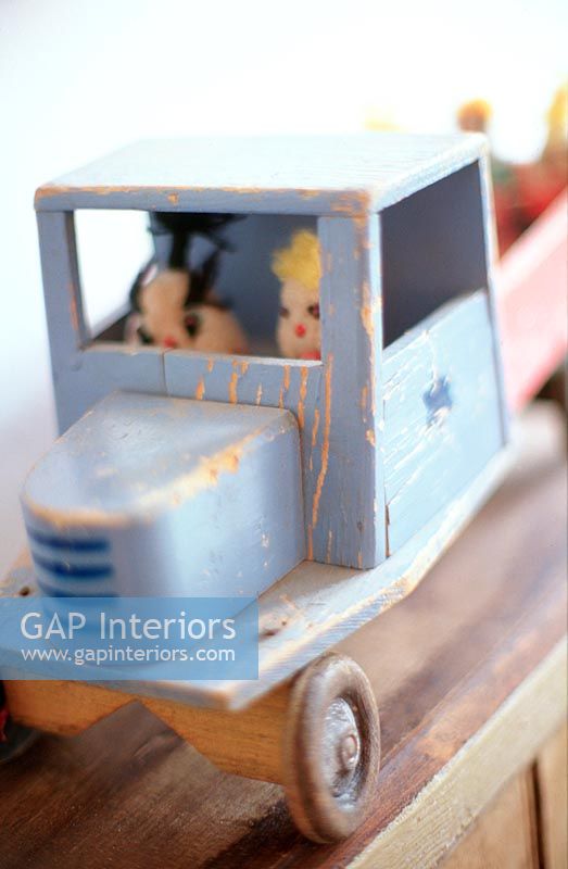 Close-up of vintage wooden toy truck