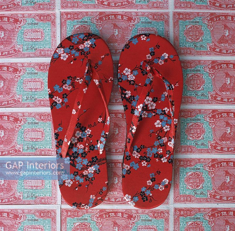 Floral pattern slippers, close-up