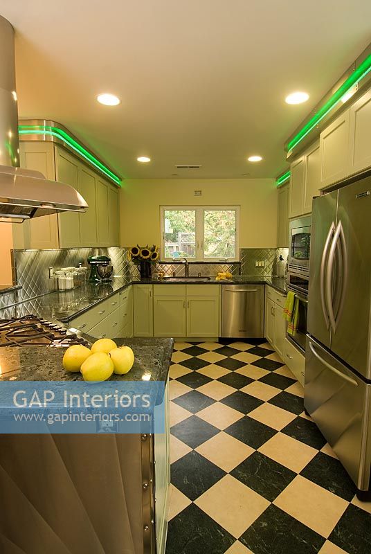 Diner style kitchen with green neon lights