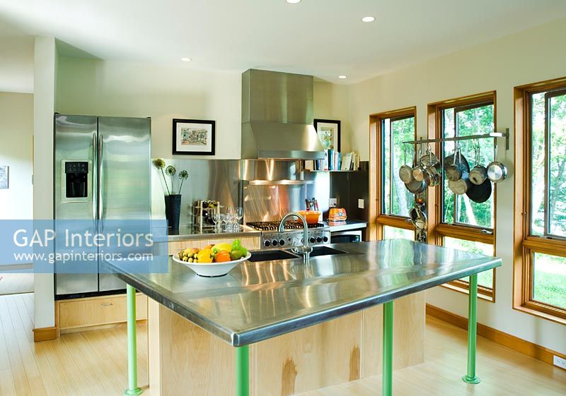 Modern kitchen with stainless steel countertop