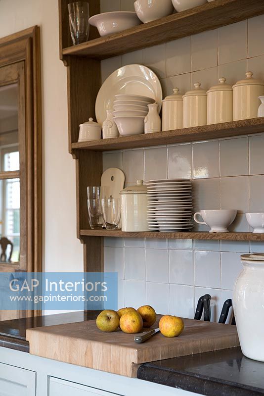 Worktop and shelving unit in country kitchen