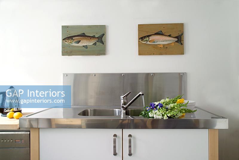 Fish pictures above steel sink