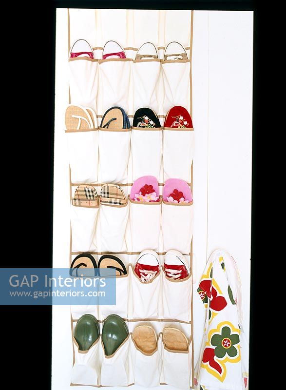 Hanging shoe caddy with pairs of shoes