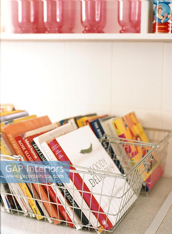 Wire baskets holding books
