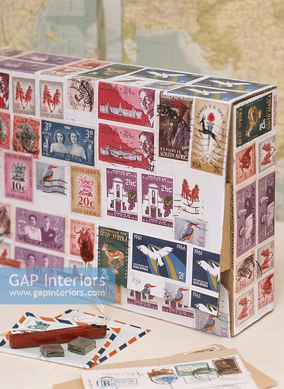 Varieties of stamps on box close-up
