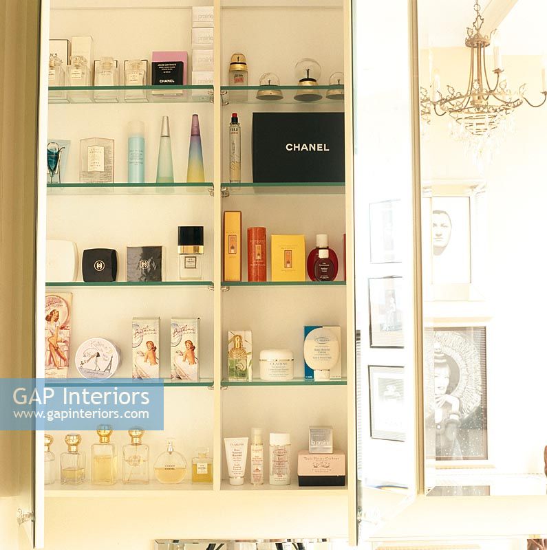 Cosmetics on glass shelves 