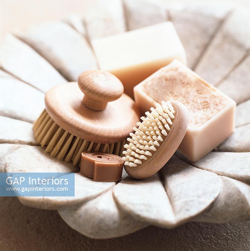 Scrubbing brushes and soaps in dish