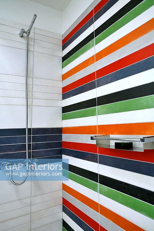 Modern shower with colourful tiles