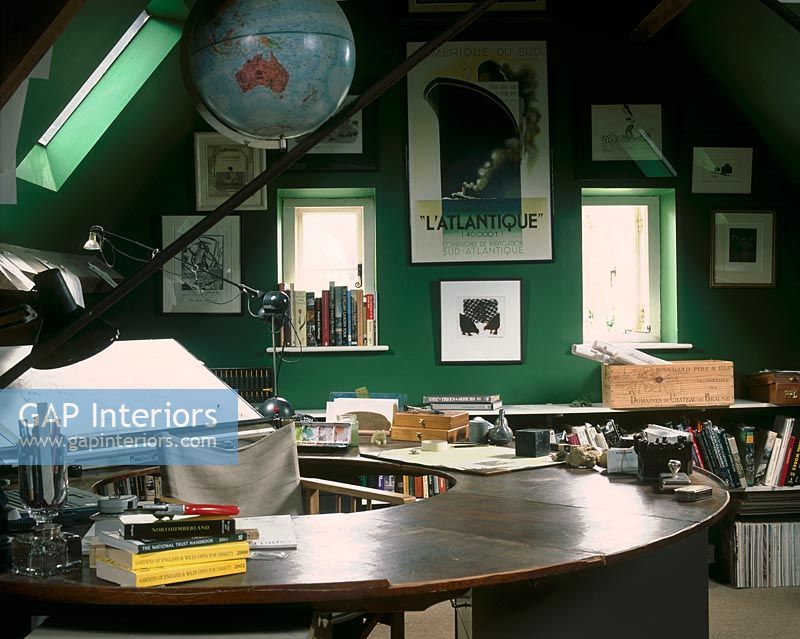 Modern study with circular wooden desk 
