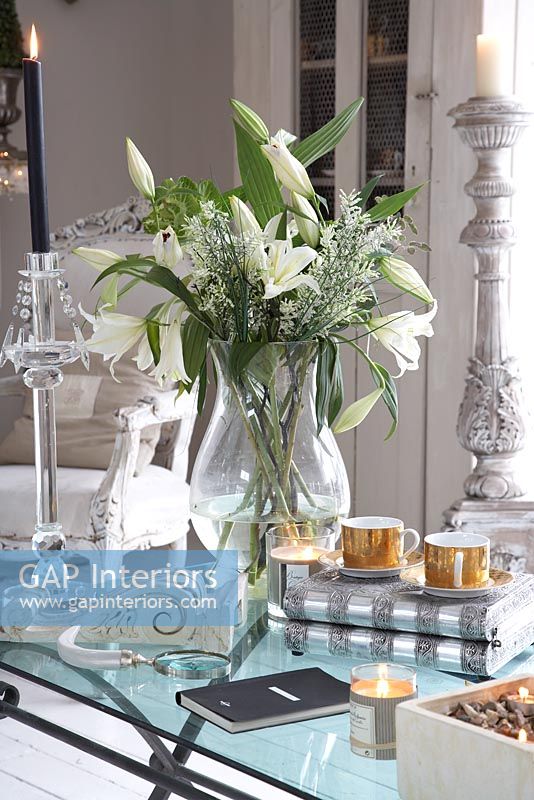 White lilies on modern coffee table 