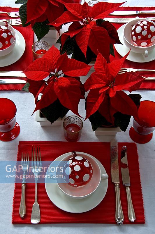 Red and white christmas dining table detail 