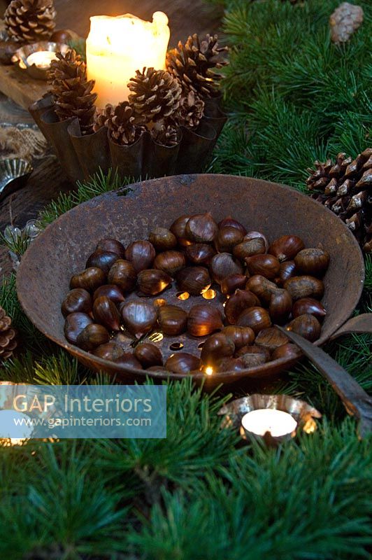 Roasted chestnuts in pan