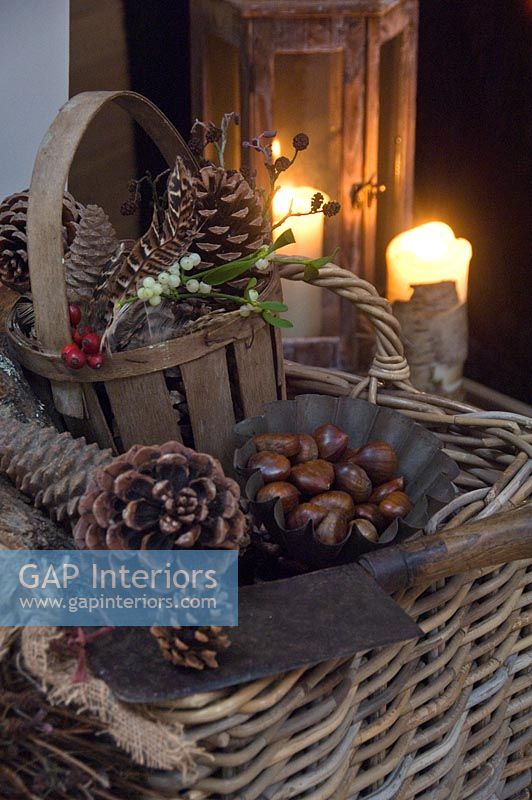 Basket with pine cones and chestnuts 
