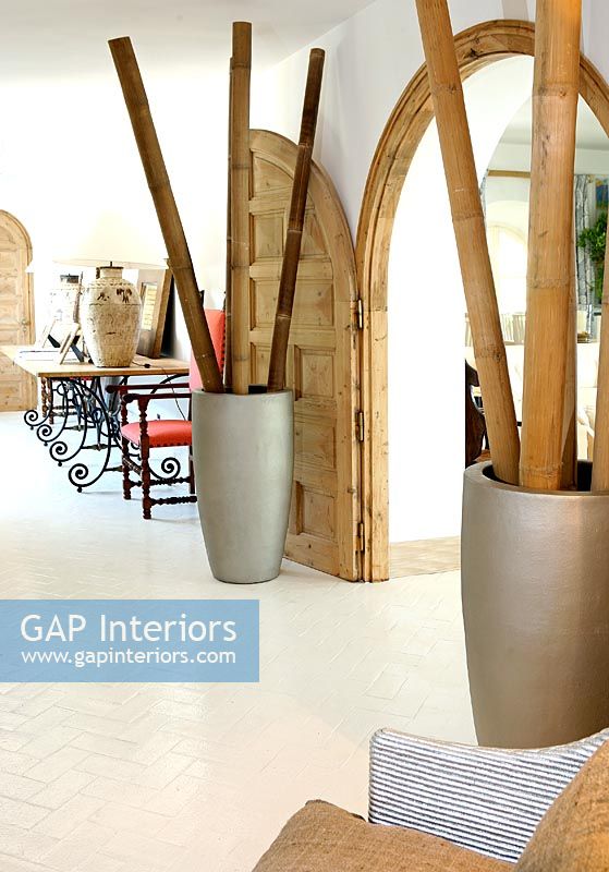 Modern hallway with huge vases of bamboo