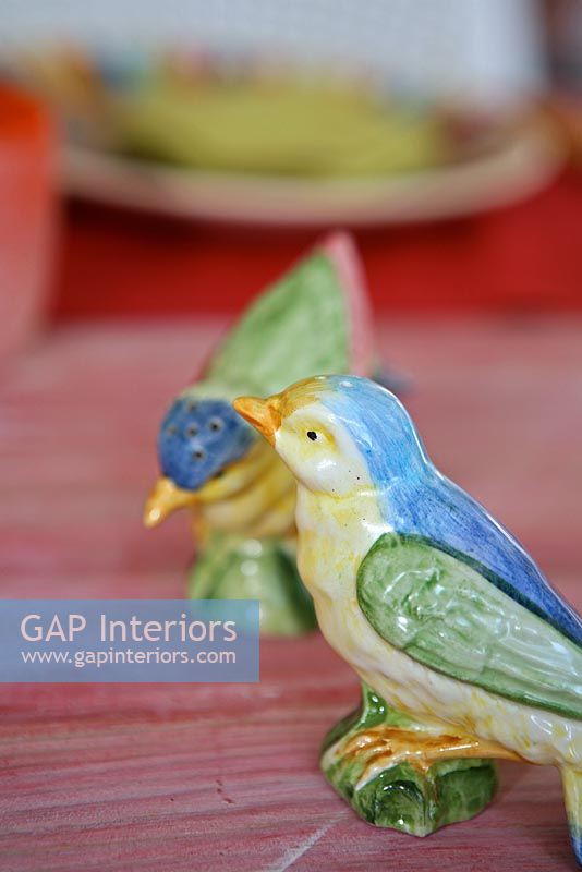 Colourful ceramic bird ornaments, detail