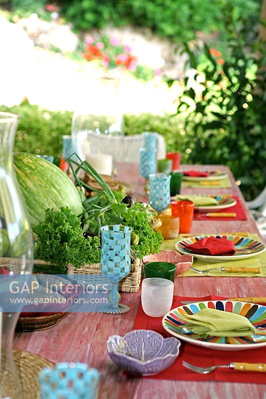 Colourful dining table outdoors, detail
