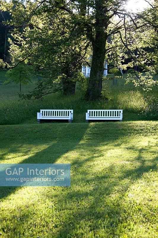 Benches in large country garden 