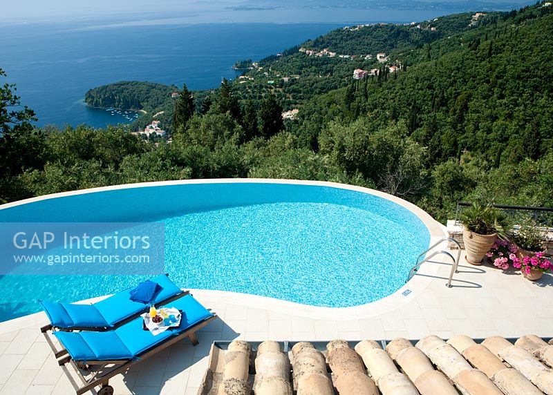 Swimming pool with countryside and sea views