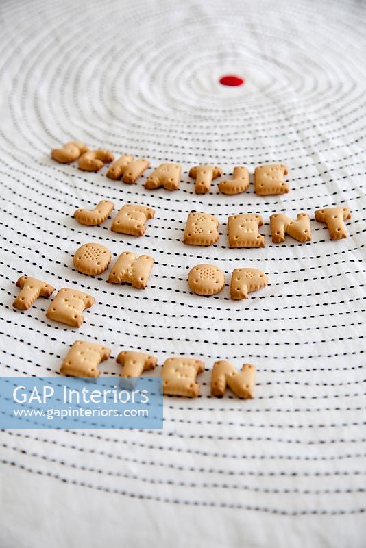 Words written out in alphabet biscuits