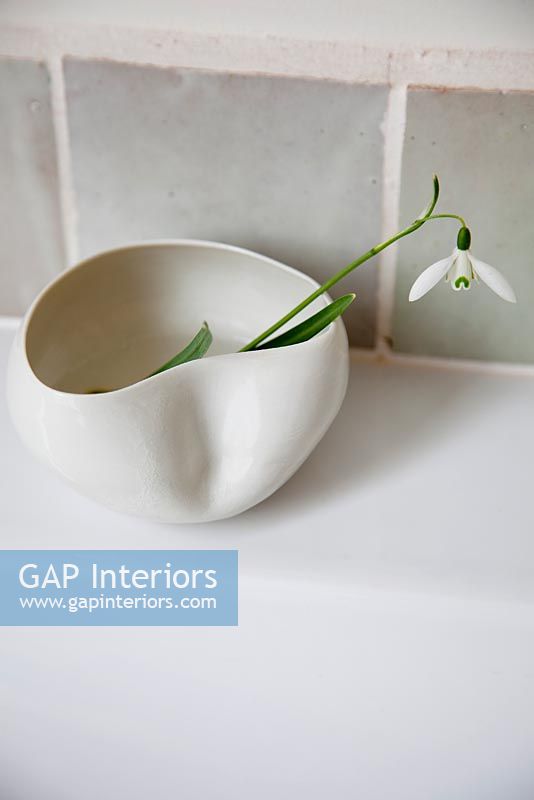 single snowdrop in curved ceramic bowl