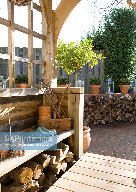 Potting bench and storage area in garden
