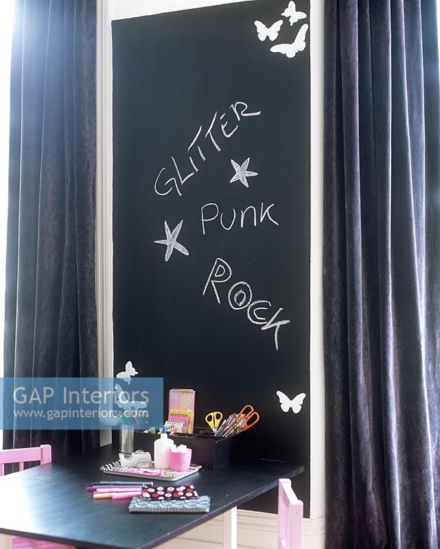 Blackboard wall in modern childrens room 