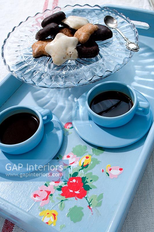 Coffee and german biscuits on vintage tray