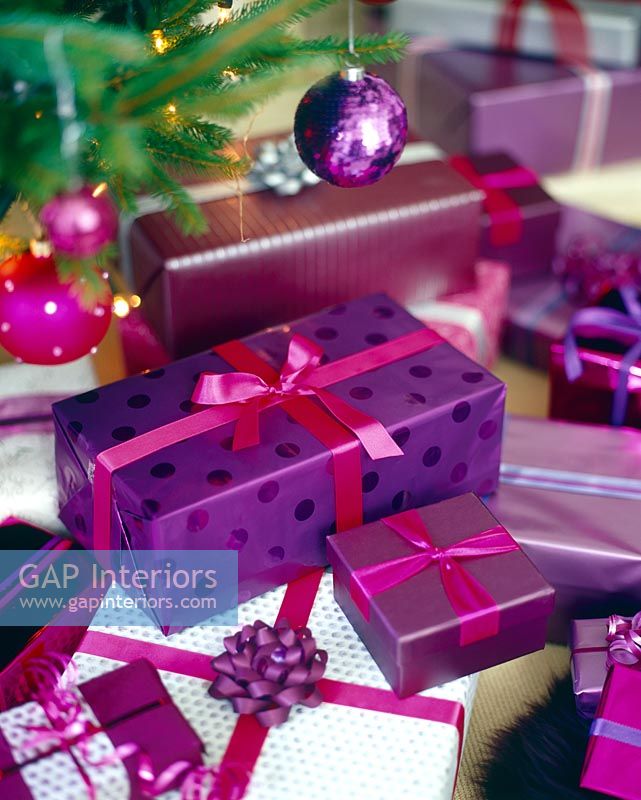 Detail of presents under a Christmas tree