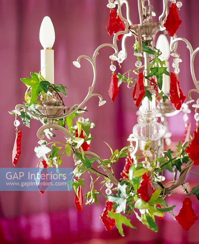 Detail of chandelier decorated for Christmas 