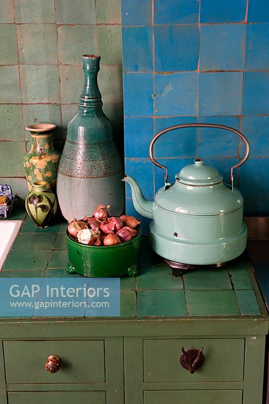 Detail of vintage kettle on kitchen unit 