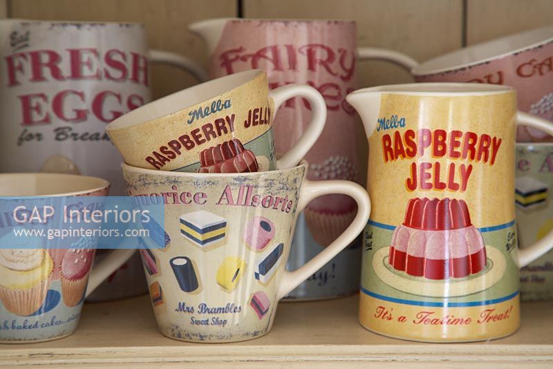 Detail of colourful mugs