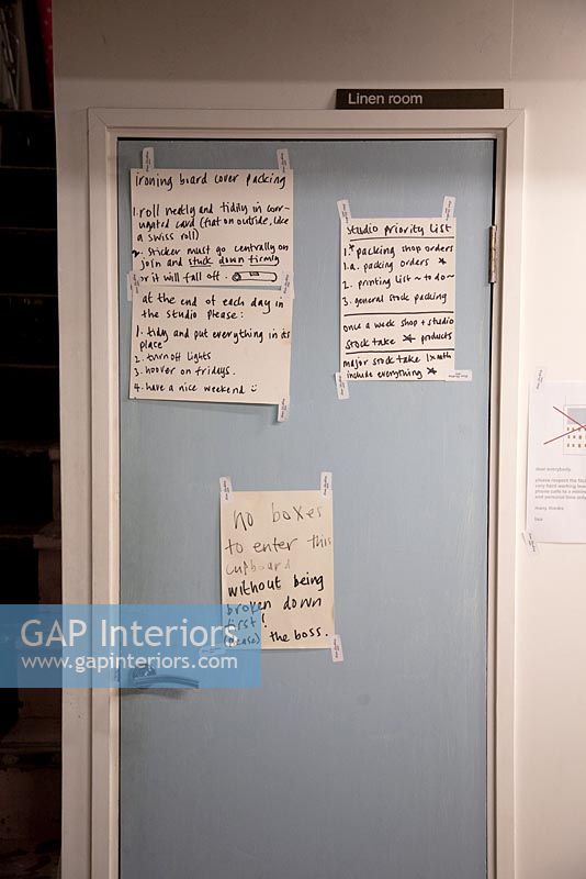 Door covered in written notices 
