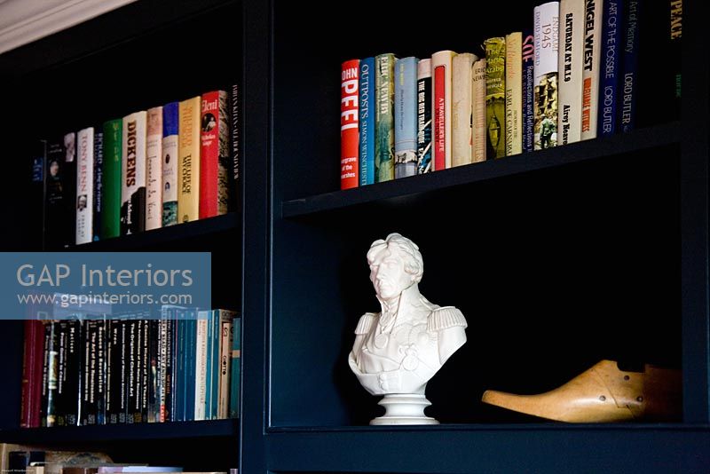 Classic bust on bookshelves 