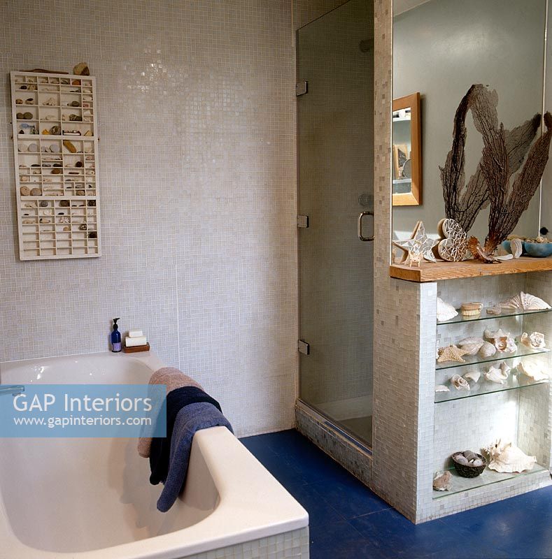 Modern bathroom with display of shells 