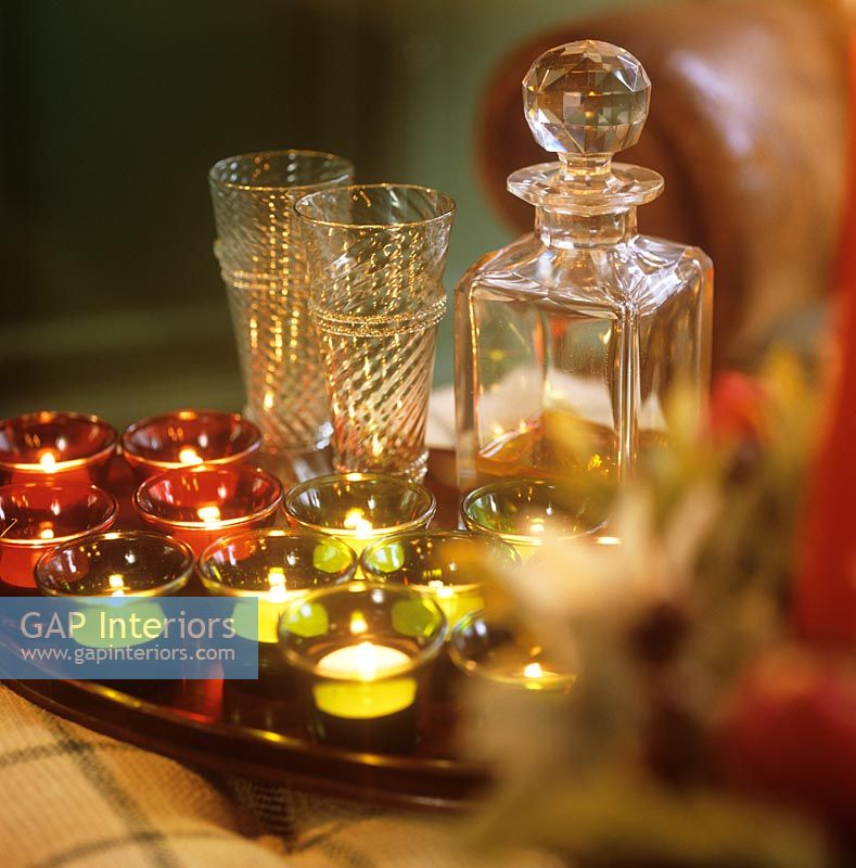 Collection of candles on drinks tray