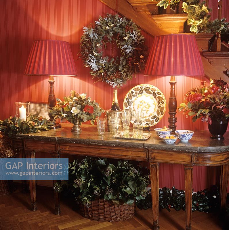 Sideboard in classic hallway at Christmas 