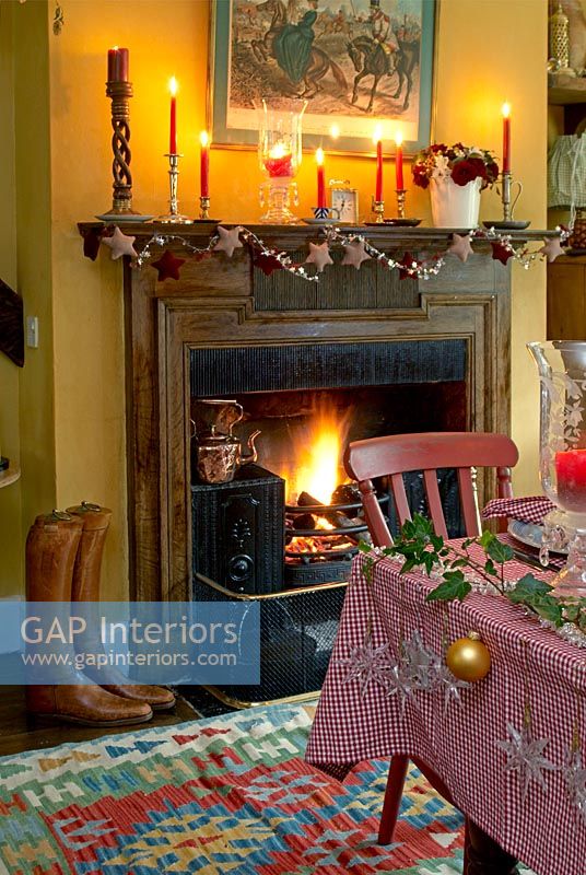 Fireplace in dining room at Christmas 