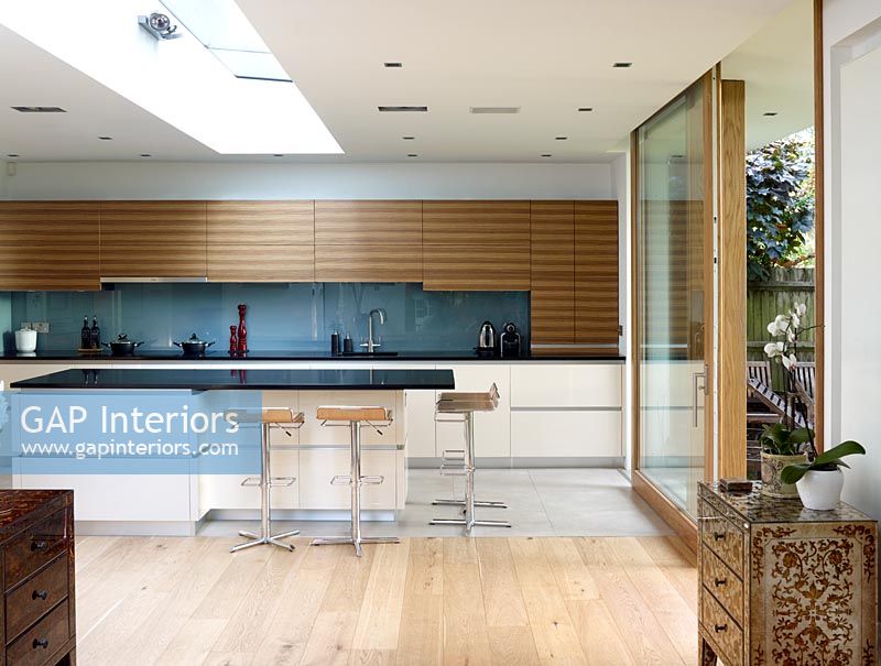 Modern kitchen with sliding patio doors 