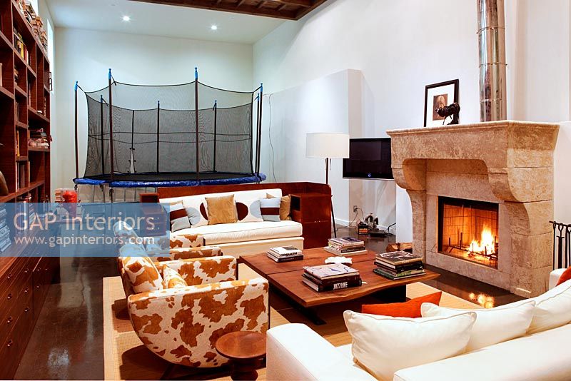 Fireplace in modern living room with trampoline