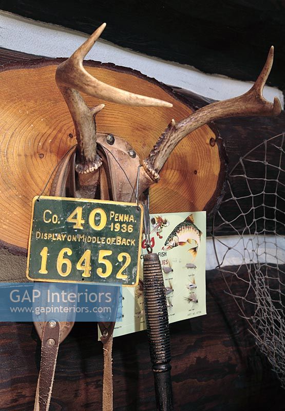 Sign and accessories on wall mounted antlers 