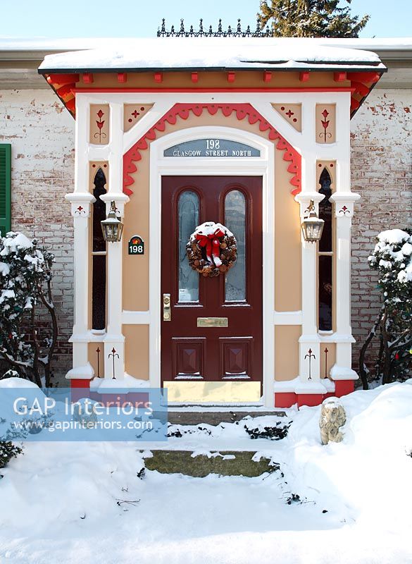 Christmas decorations on exterior of front door