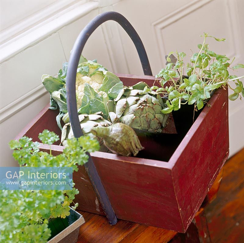 Wooden trug with potted herbs