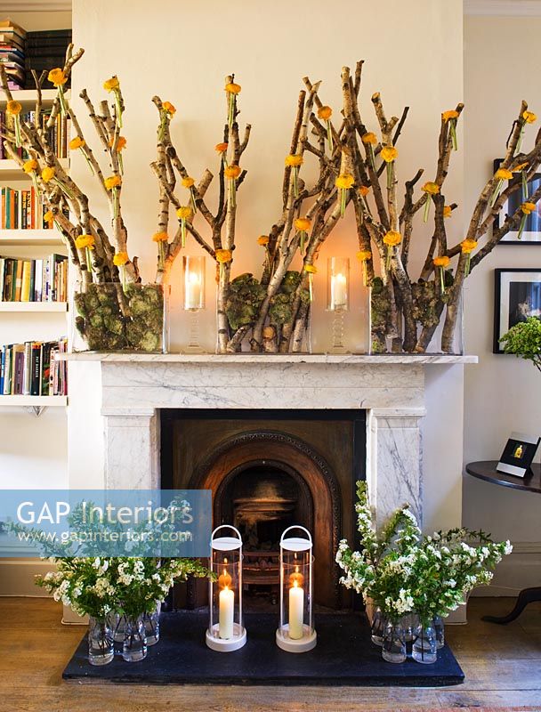Display of flowers and plants around fireplace