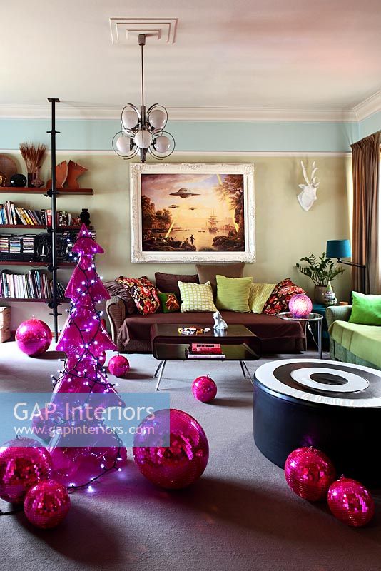 Colourful living room decorated for Christmas