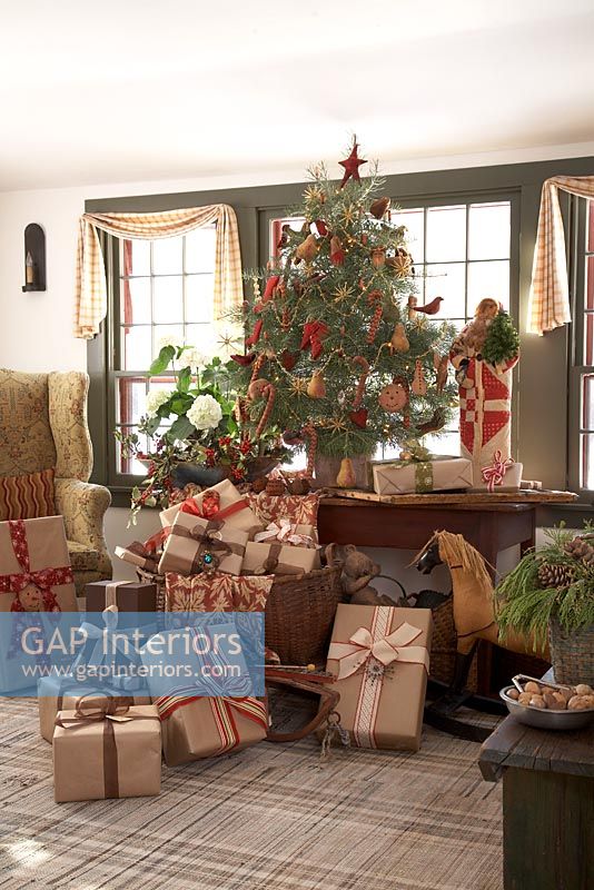 Country style living room with Christmas tree