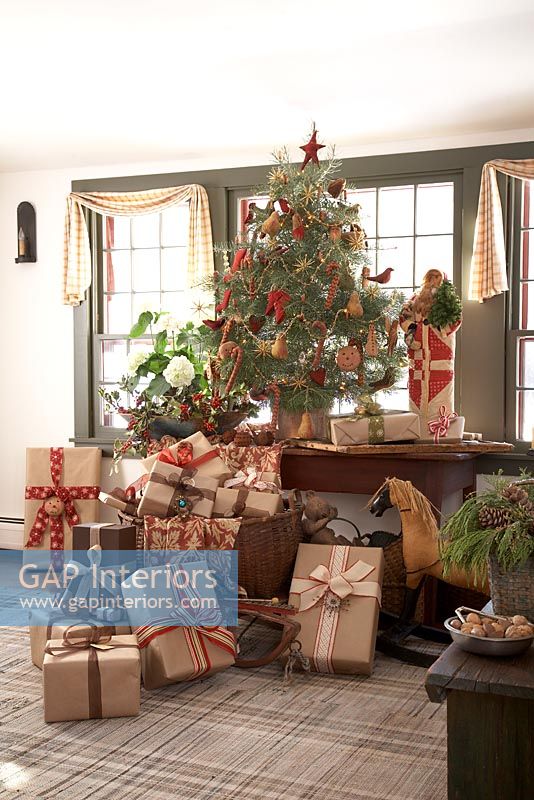 Country style living room with Christmas tree
